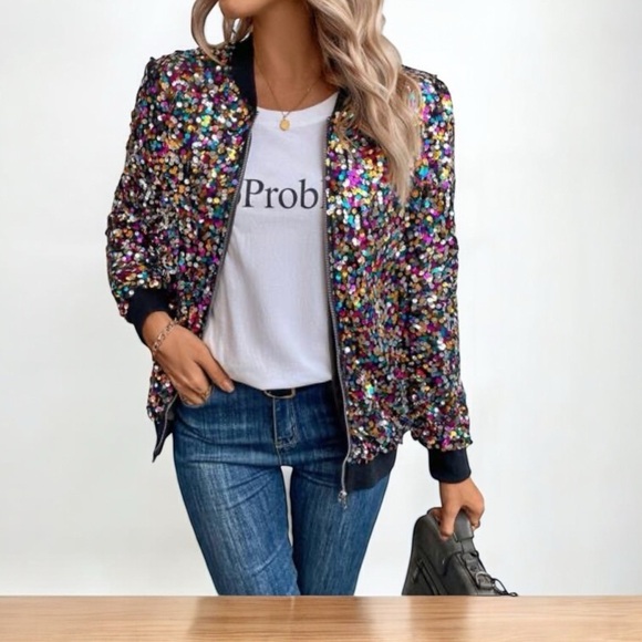 CRESAY Multi Colored Sequined Bomber Jacket Size X-Large Black NWT Hollywood!! - Picture 13 of 14